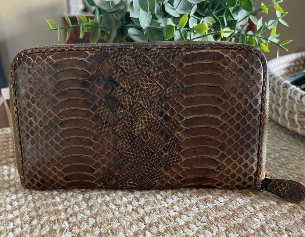 Bottega Veneta intreciatto ziparound wallet brown python leather